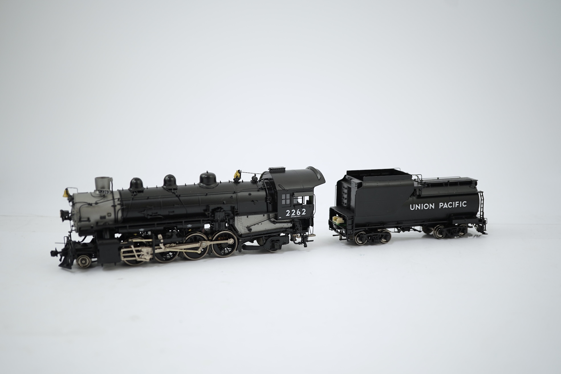 A boxed HO gauge Overland Models Inc. model of Union Pacific MK-7, 2262, 2-8-2 locomotive with bogie tender, powered for two rail operation.